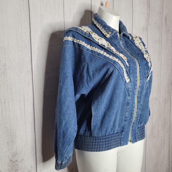 Vintage Floral Embroidered Blue Denim Rodeo Western Rodeo Jacket Womens Size S - Picture 3 of 12
